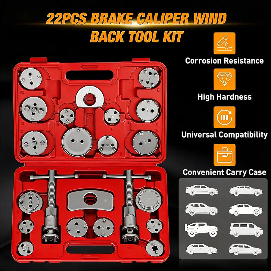22pc Brake Caliper Compression Tool Set, Heavy Duty Brake Piston Compressor Tool and Wind Back Tool Kit for Brake Pad Replacement, Universal Disc Brake Caliper Tool Set with Red Case