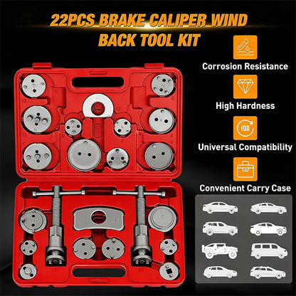 22pc Brake Caliper Compression Tool Set, Heavy Duty Brake Piston Compressor Tool and Wind Back Tool Kit for Brake Pad Replacement, Universal Disc Brake Caliper Tool Set with Red Case