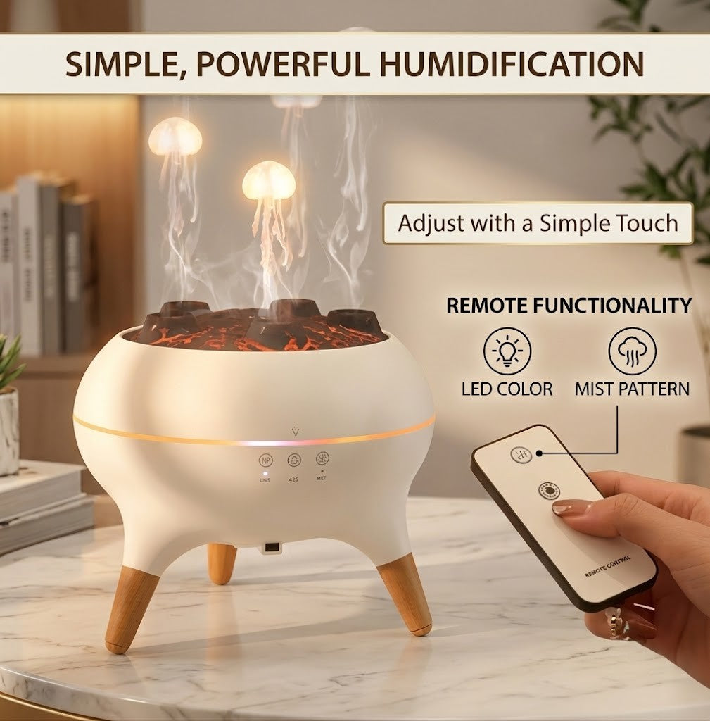A white and wood-finished humidifier with glowing internal lights and visible steam, shown on a marble countertop in a home setting. A hand holds a matching remote control, and text overlays describe touch adjustment, LED color, mist pattern, and remote functionality.