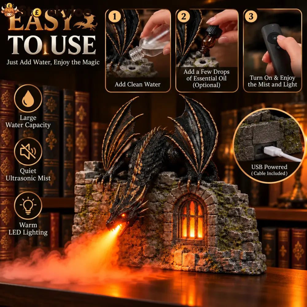 🐉 Dragon Flame Mist Humidifier with Glowing Castle Fantasy Decor
