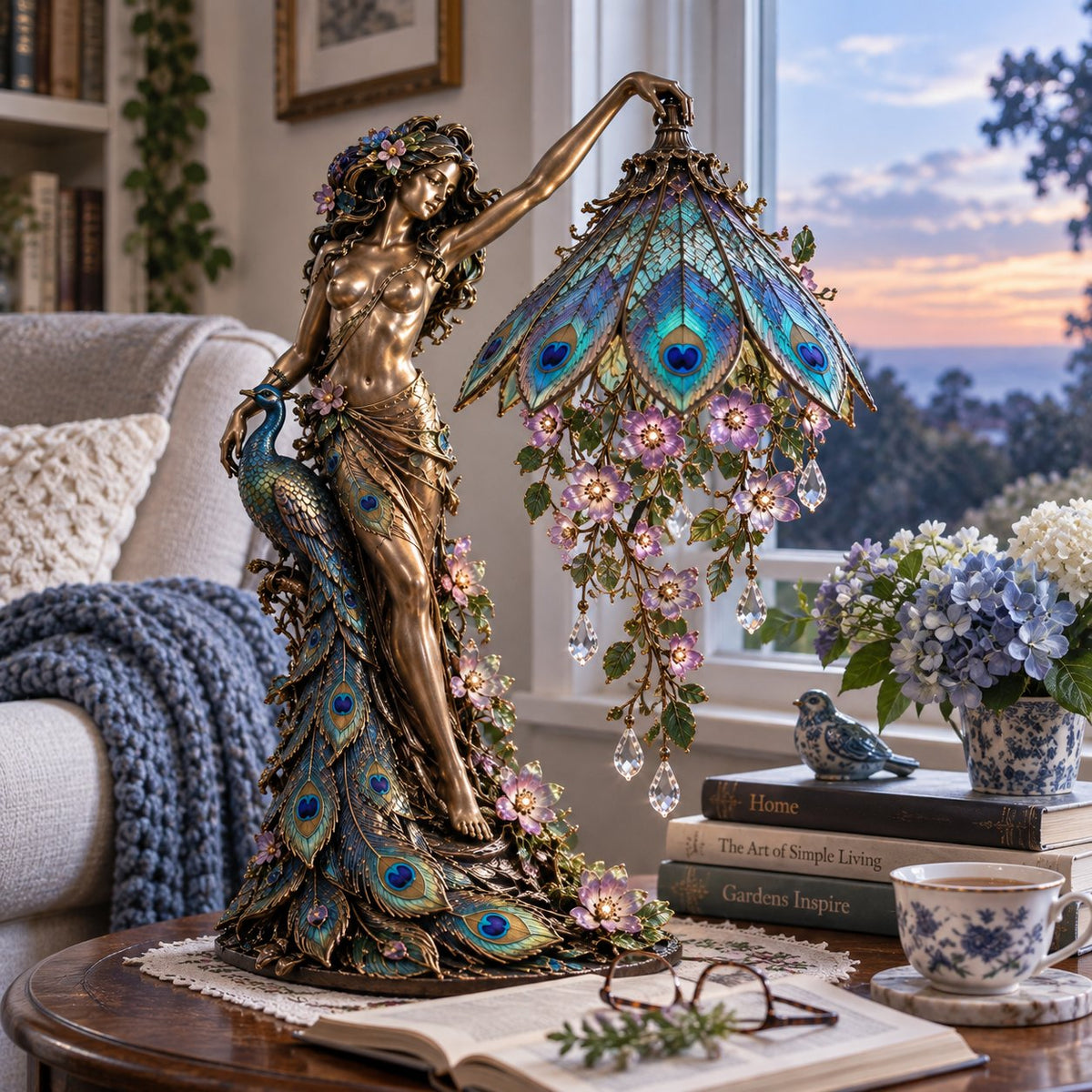 🦚 Elegant Peacock Lady Stained Glass Style Floral Accent Table Lamp with Ambient Glow ✨