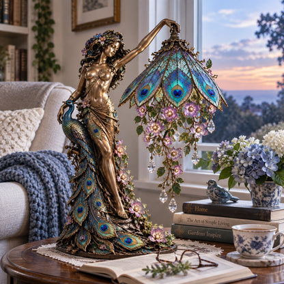 🦚 Elegant Peacock Lady Stained Glass Style Floral Accent Table Lamp with Ambient Glow ✨