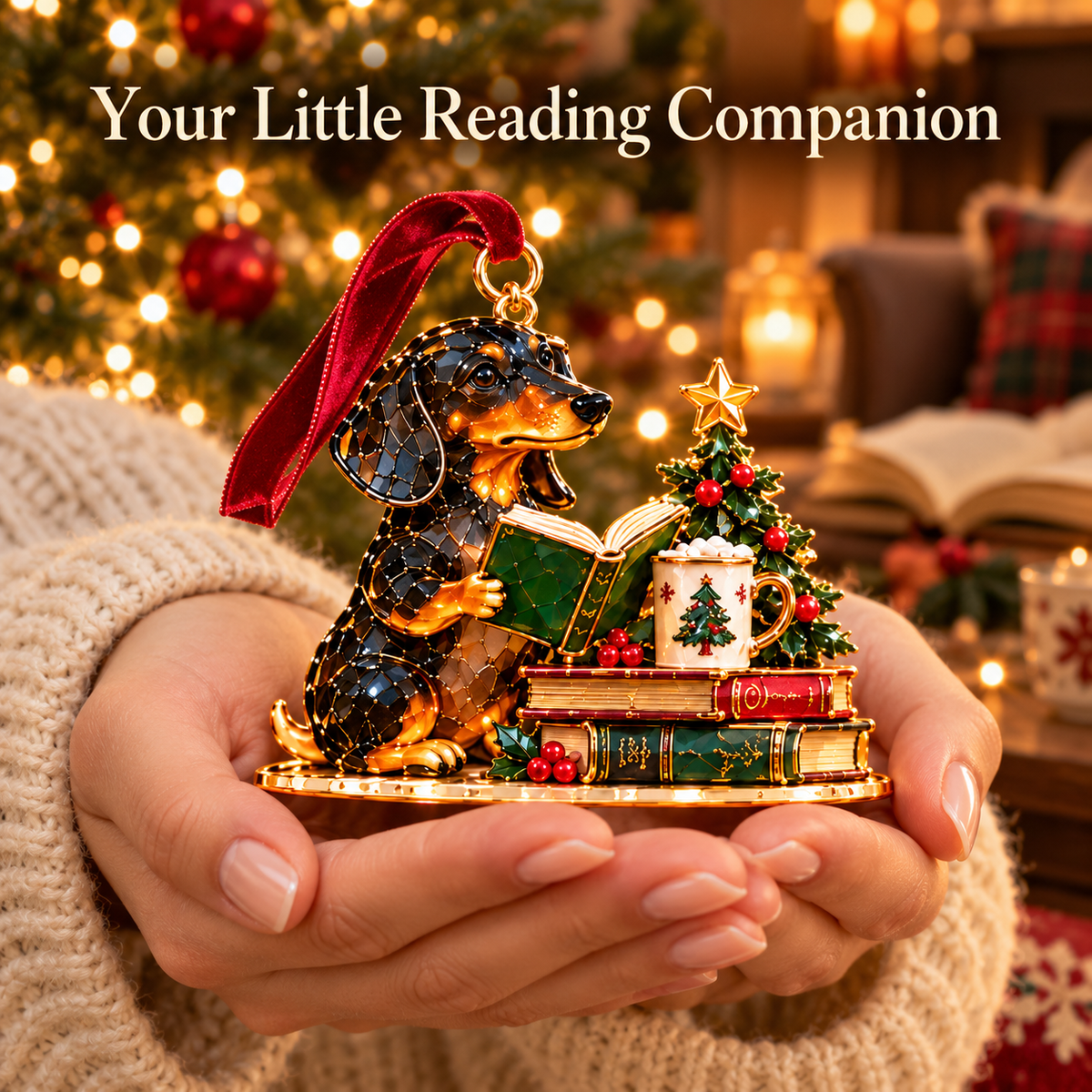 🐶Dachshund Cozy Library Christmas Ornament – A Little Story for Your Tree 🐾