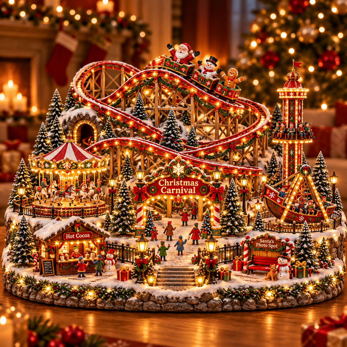 🔥 LAST DAY 50% OFF ！！！🎄 Magical Christmas Carnival Village – Animated Roller Coaster & Glowing Lights