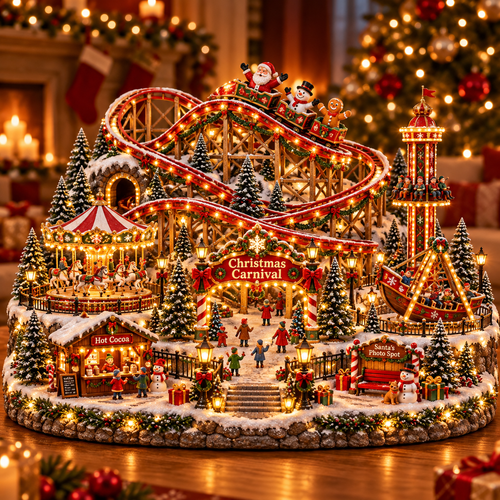 🔥 LAST DAY 50% OFF ！！！🎄 Magical Christmas Carnival Village – Animated Roller Coaster & Glowing Lights