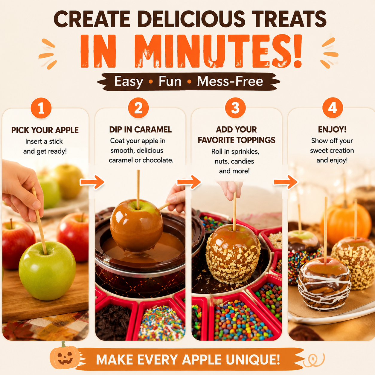 🍎 Caramel Apple Party Kit | Rotating DIY Dessert Station for Fun Family Treat Making
