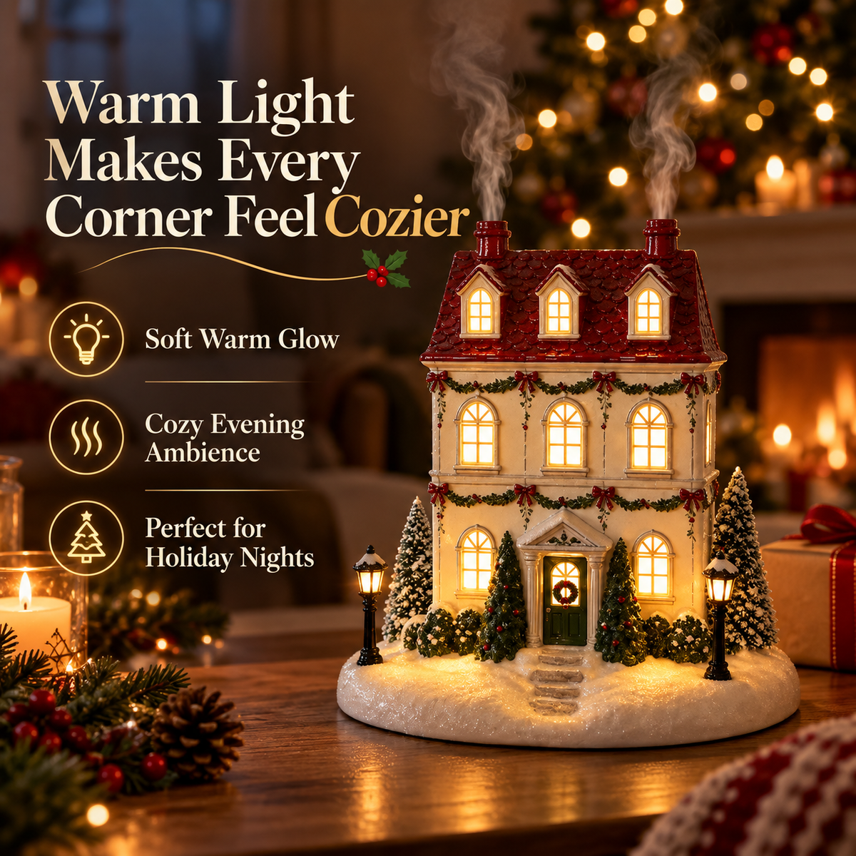 🎄 Lighted Christmas House Diffuser – Cozy Holiday Cottage with Gentle Mist ✨