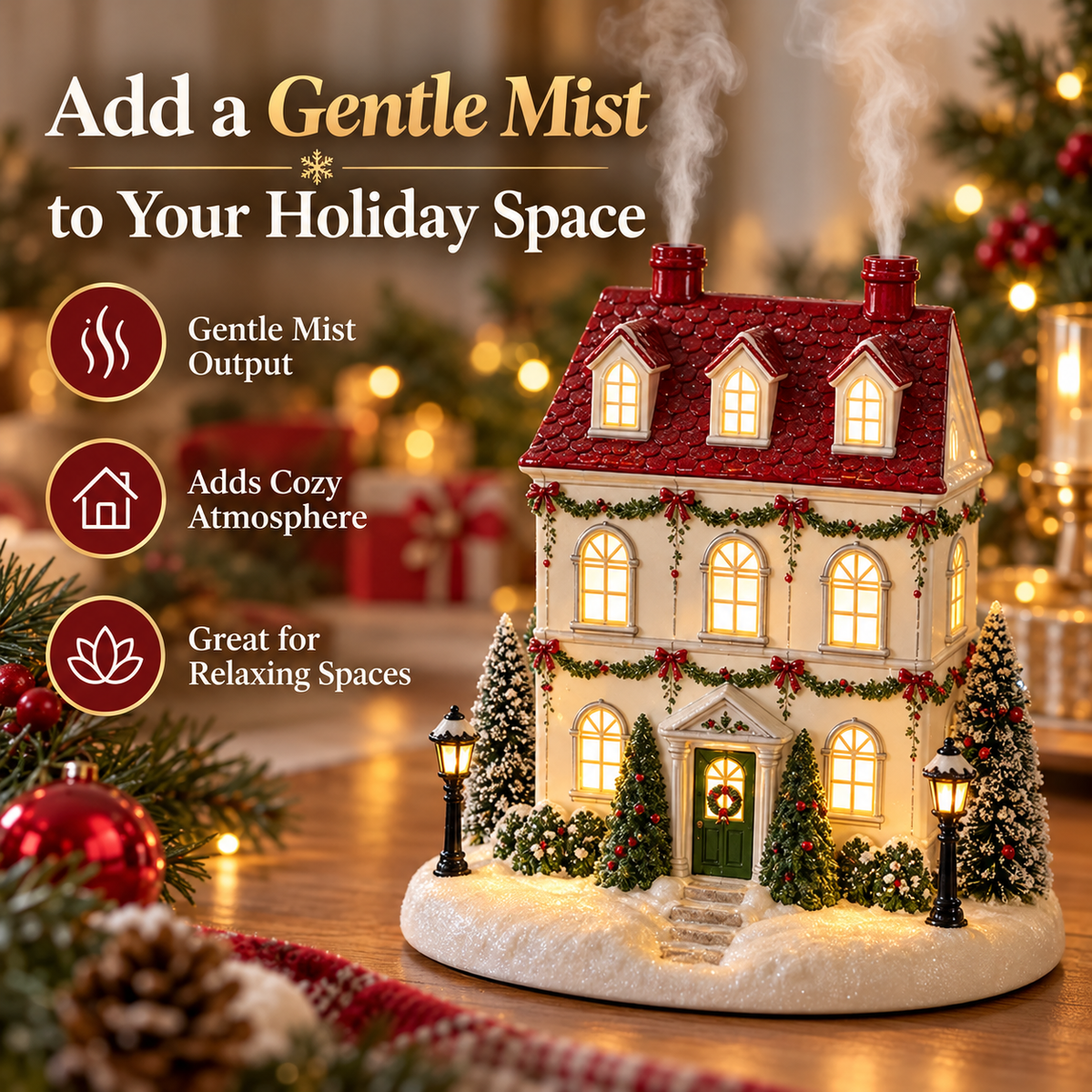 🎄 Christmas Village House Essential Oil Aroma Diffuser with Warm Glowing Chimney Mist 🎁