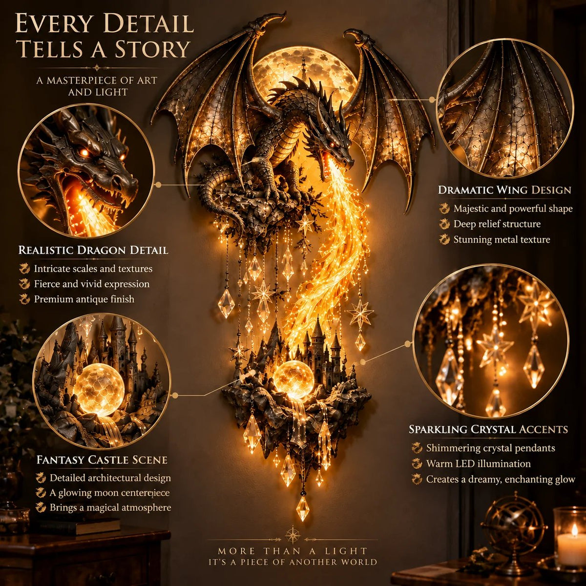 🔥 49 % Rabatt – 🐉 Dragonfire Moonlight-Wandleuchte | Magische Fantasy-Burg-Deko 🌙