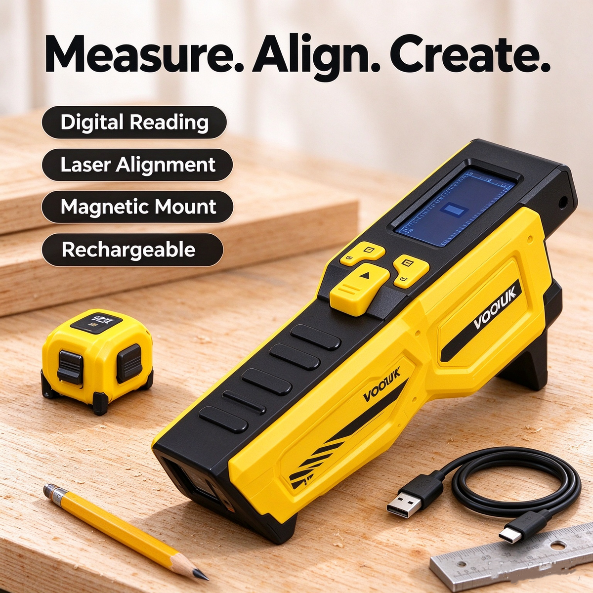 🔥 VOOTIK 3-in-1 Digital Tape Measure – Laser Alignment & Magnetic Design