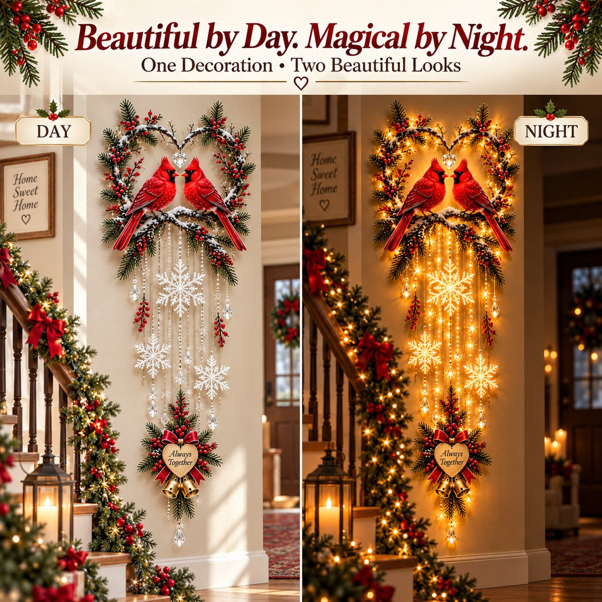 🐦✨ Two Hearts in Winter™ | Lighted Cardinal Christmas Wall Decor