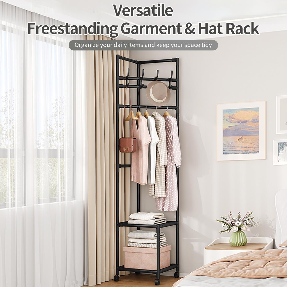 🔥 50% OFF Freestanding Corner Garment Rack with Hooks, Shelves & Wheels