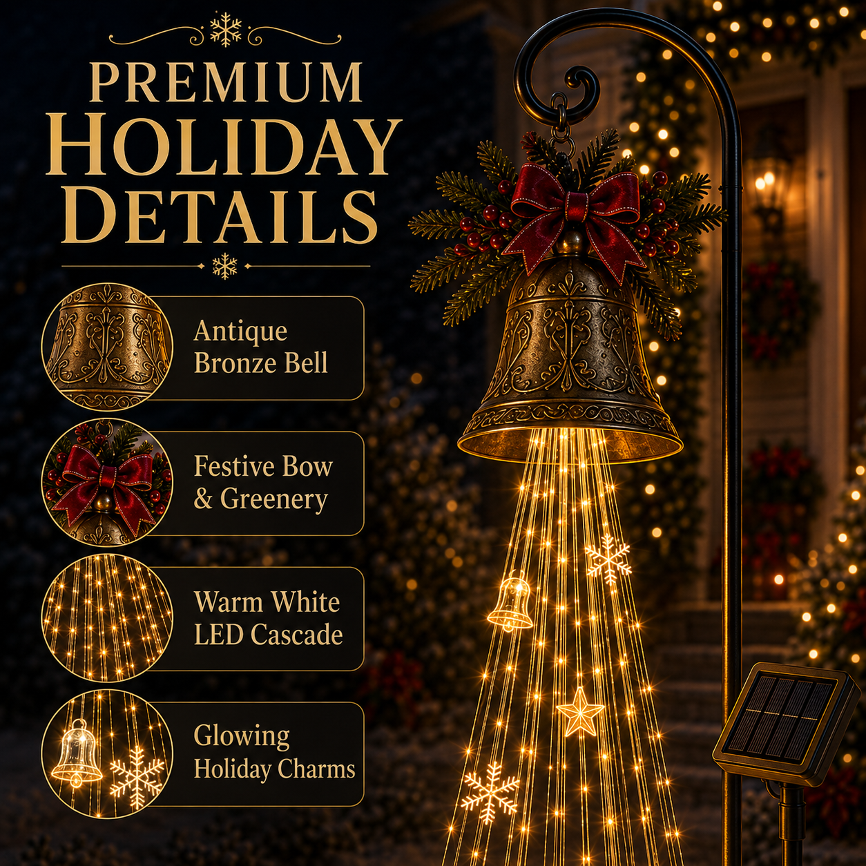 🎄 40% OFF Solar Christmas Bell Cascade ✨ Magical Golden Waterfall Yard Light