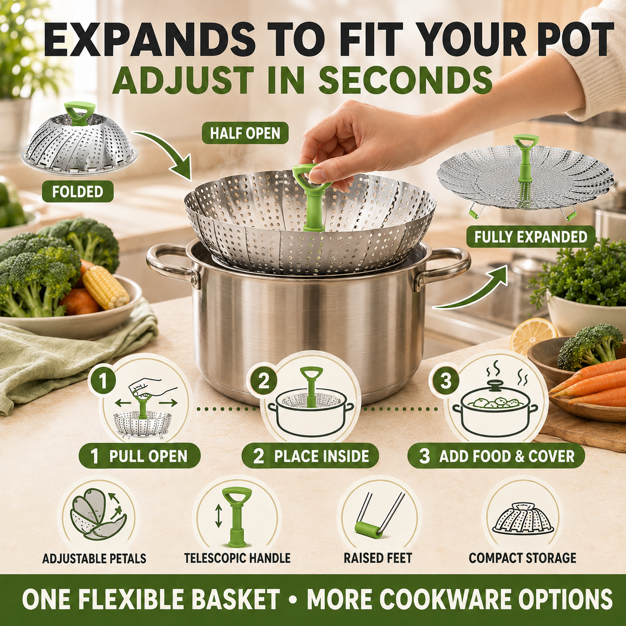 🥦 48% OFF 3-in-1 Adjustable Folding Steamer Basket ✨ Steam, Rinse & Serve with Ease