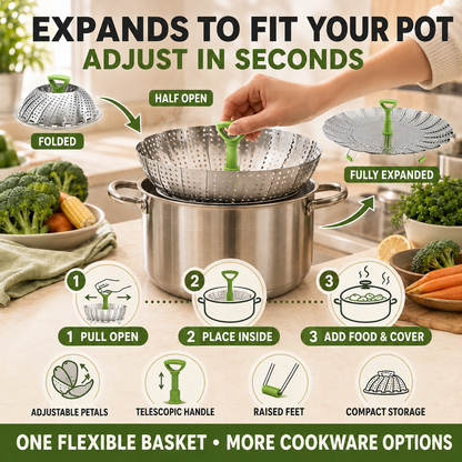 🥦 48% OFF 3-in-1 Adjustable Folding Steamer Basket ✨ Steam, Rinse & Serve with Ease