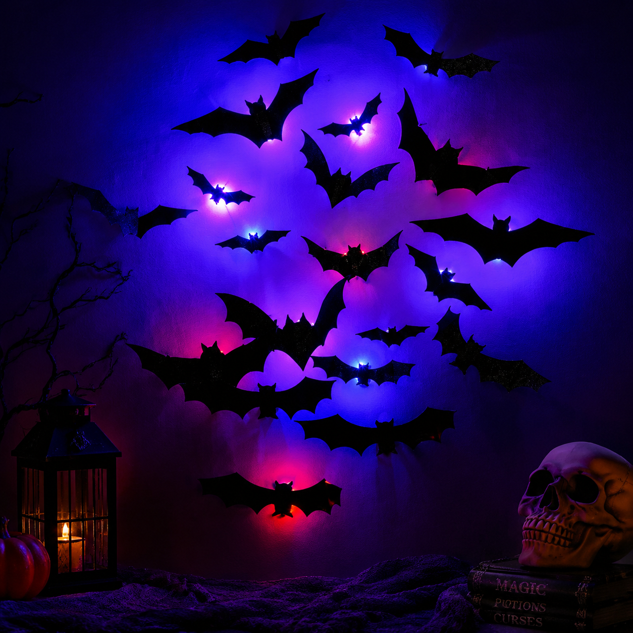 Halloween LED Bat Wall Decor – 3D Glitter Flying Bat Stickers for Spooky Party, Room & Window Decorations
