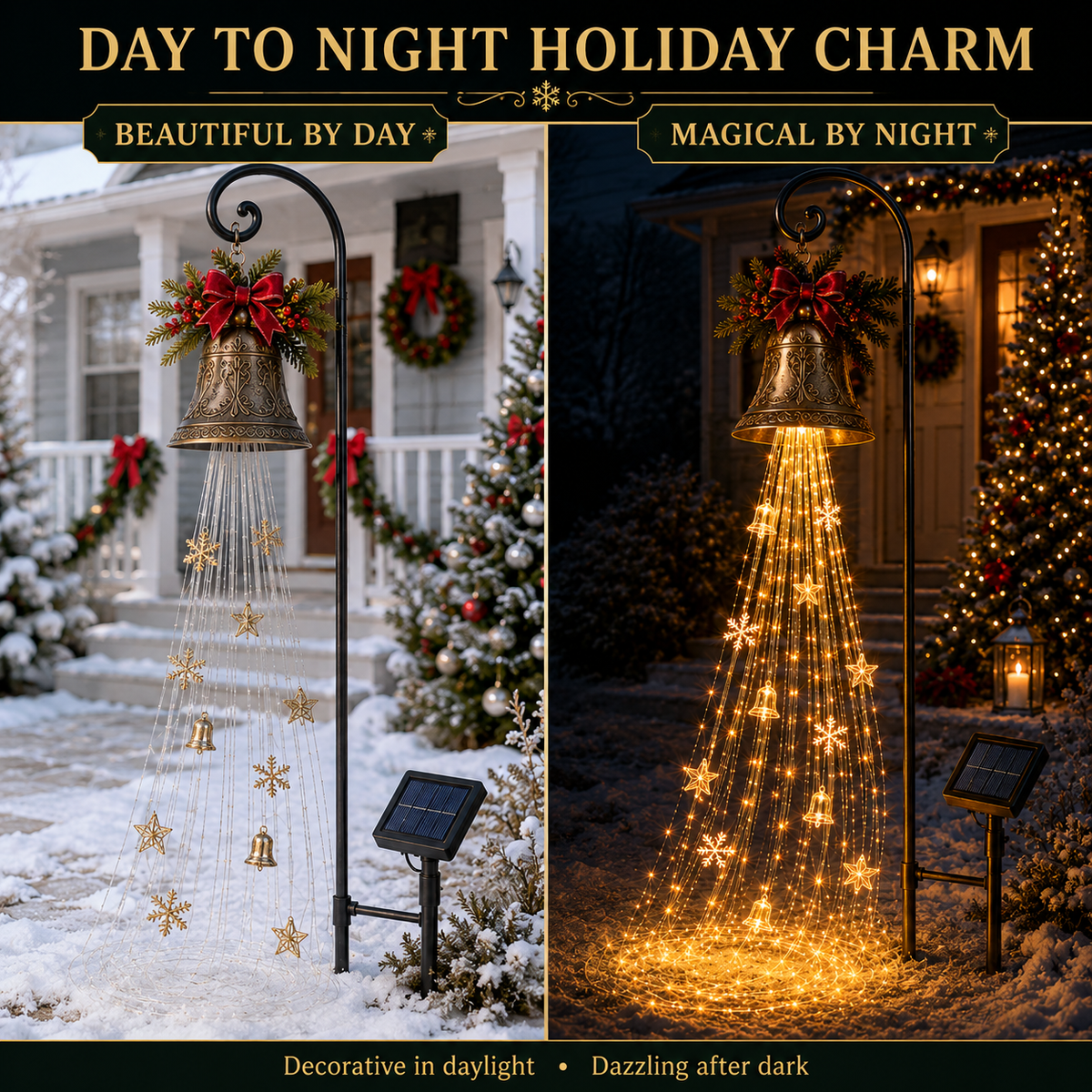 🎄 50% OFF 🔔 Solar Christmas Bell Cascade Light – Magical Golden Yard Glow ✨