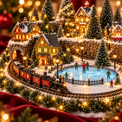 🔥 LAST DAY 49% OFF 🚂 Animated Christmas Holiday Train & Ice Rink Village with Music and LED Lights ❄️