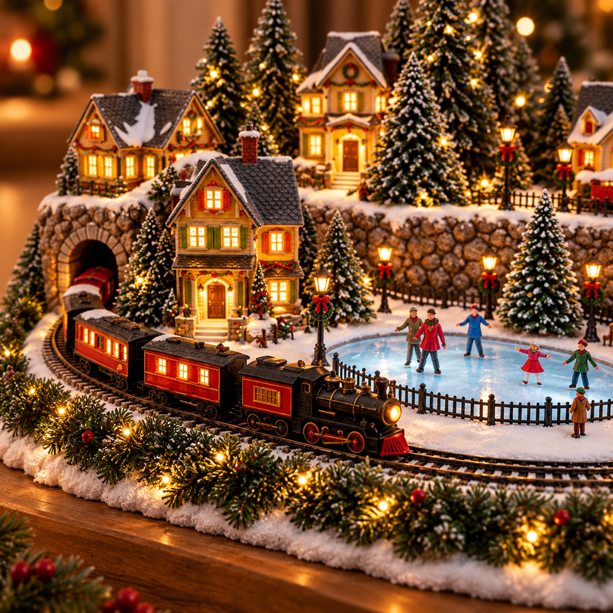 🔥 LAST DAY 49% OFF 🚂 Animated Christmas Holiday Train & Ice Rink Village with Music and LED Lights ❄️