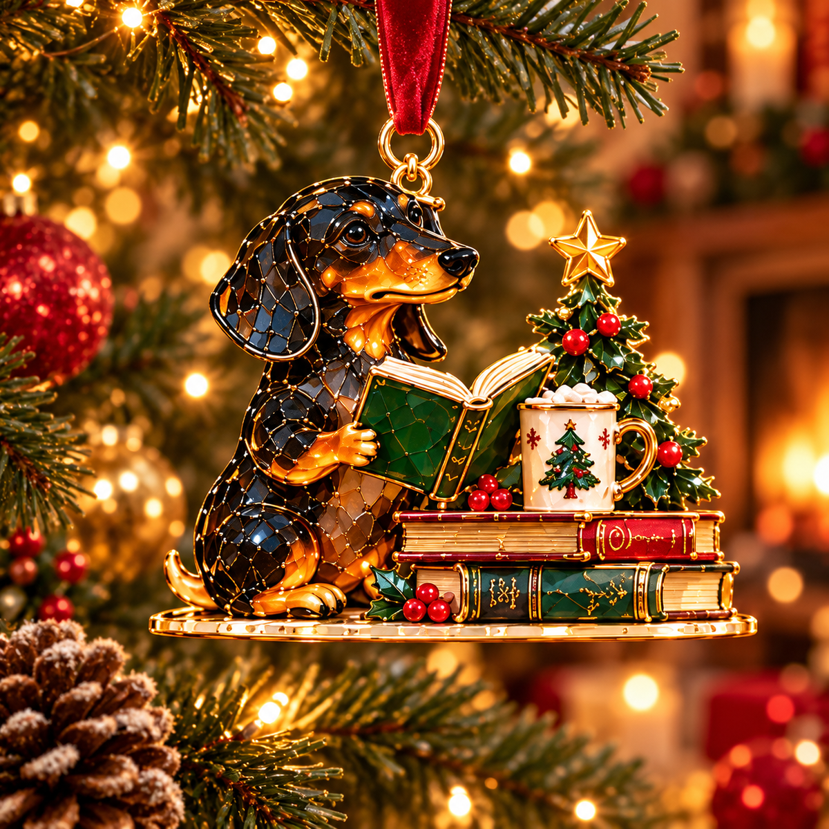 🐶Dachshund Cozy Library Christmas Ornament – A Little Story for Your Tree 🐾