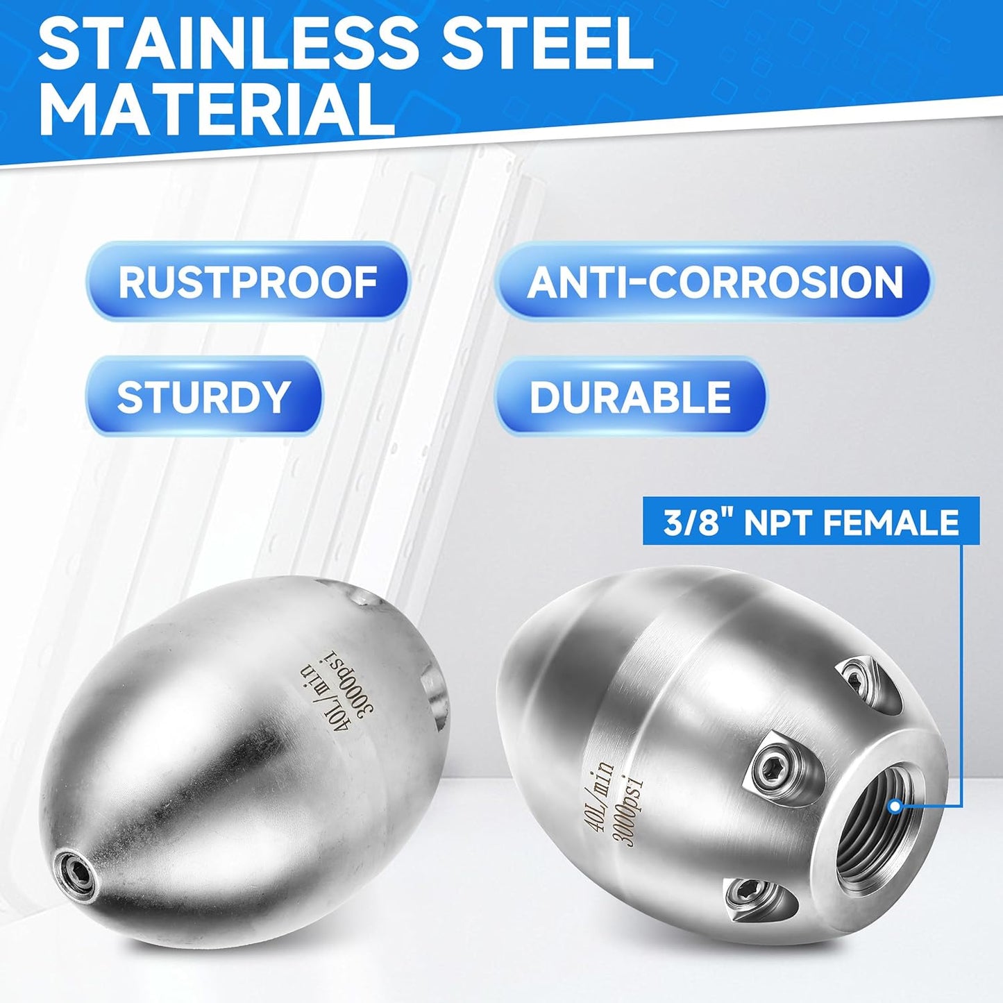 💦 3000 PSI 40 L/Min 3/8''  NPT Stainless Steel Sewer Jetter Nozzle for Pressure Washers