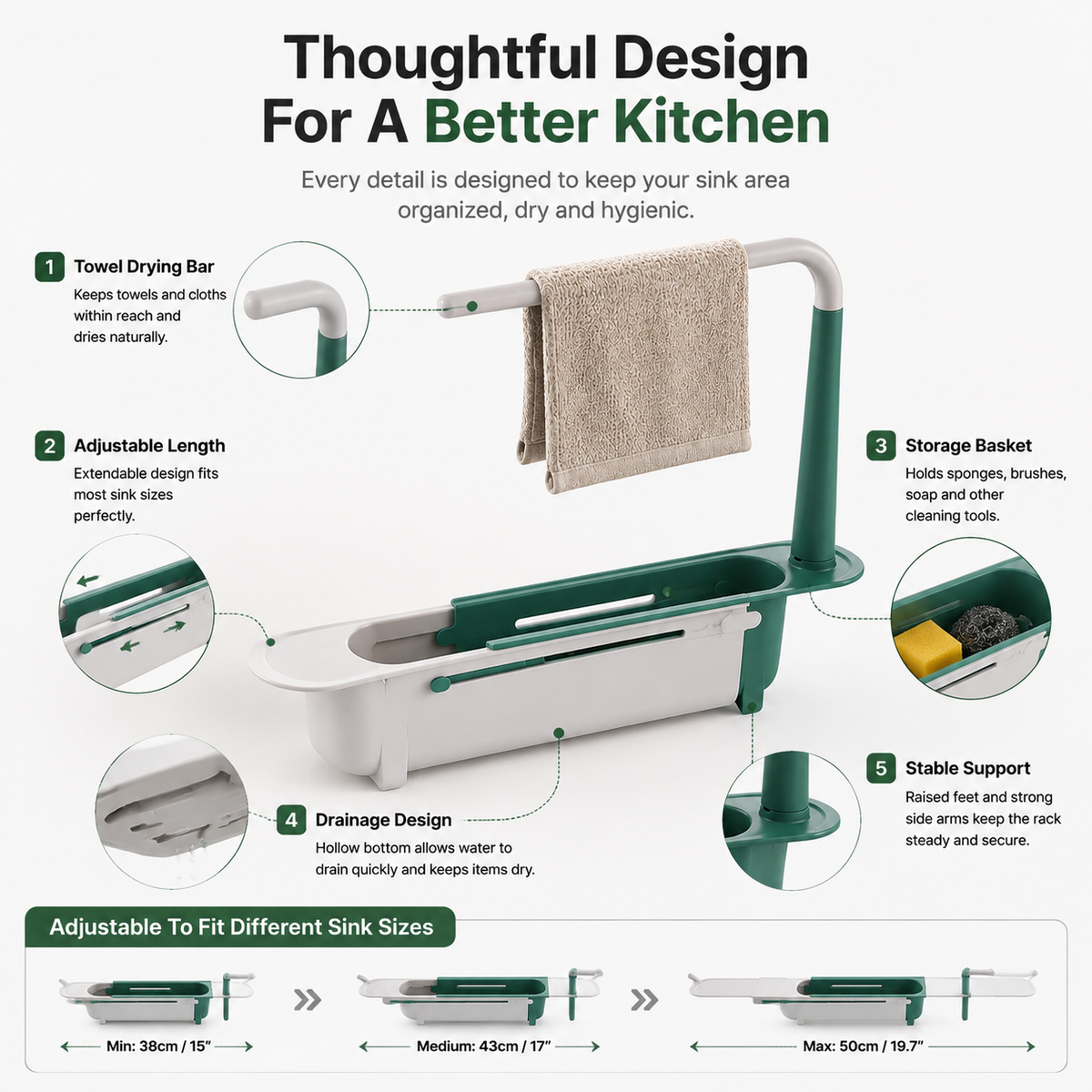 ✨ 49% OFF 🧽 Adjustable Kitchen Sink Organizer – Sponge & Towel Holder for a Clutter-Free Sink