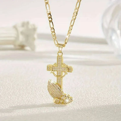 Cross & Prayer Hands Pendant Necklace
