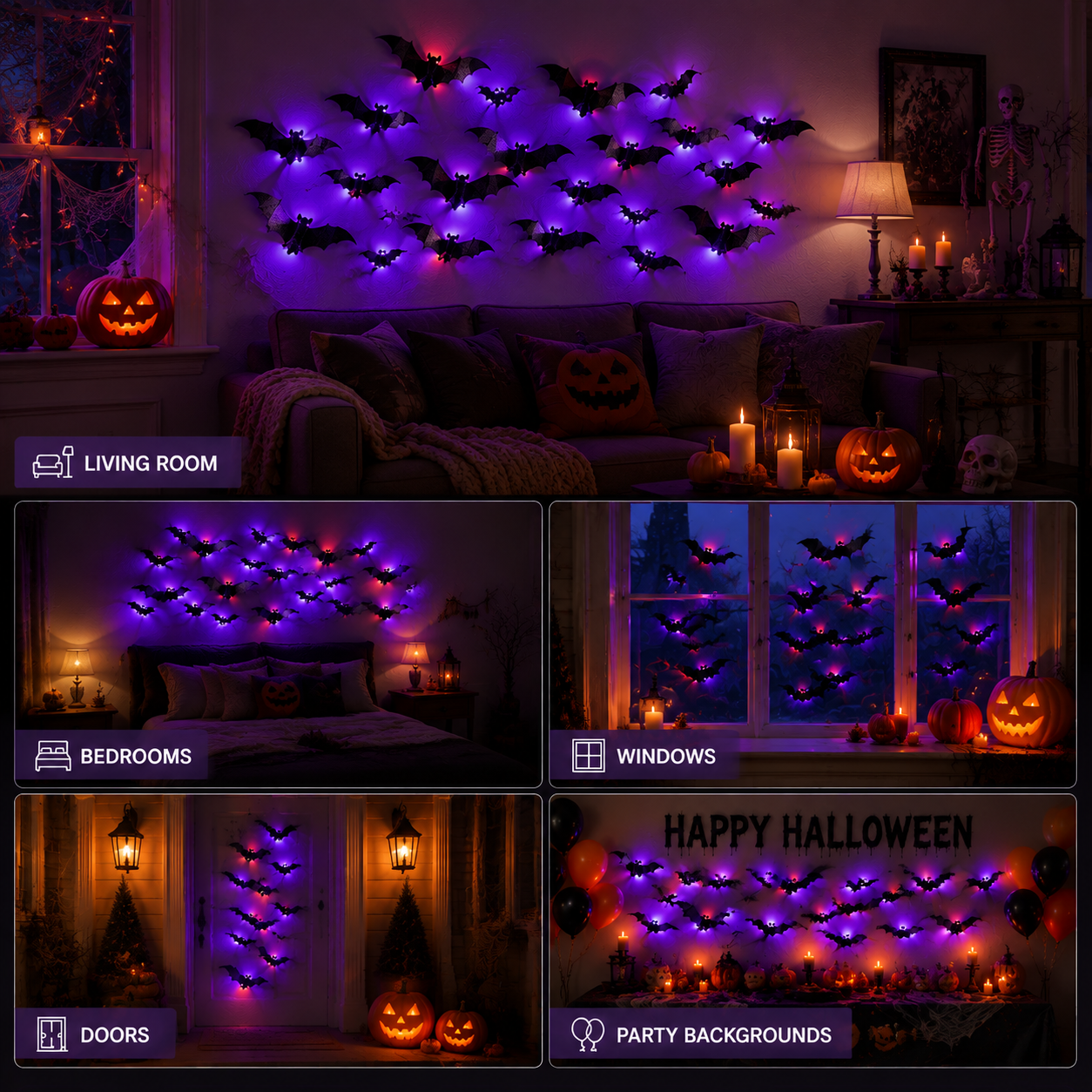 Halloween LED Bat Wall Decor – 3D Glitter Flying Bat Stickers for Spooky Party, Room & Window Decorations