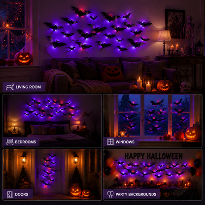 Halloween LED Bat Wall Decor – 3D Glitter Flying Bat Stickers for Spooky Party, Room & Window Decorations