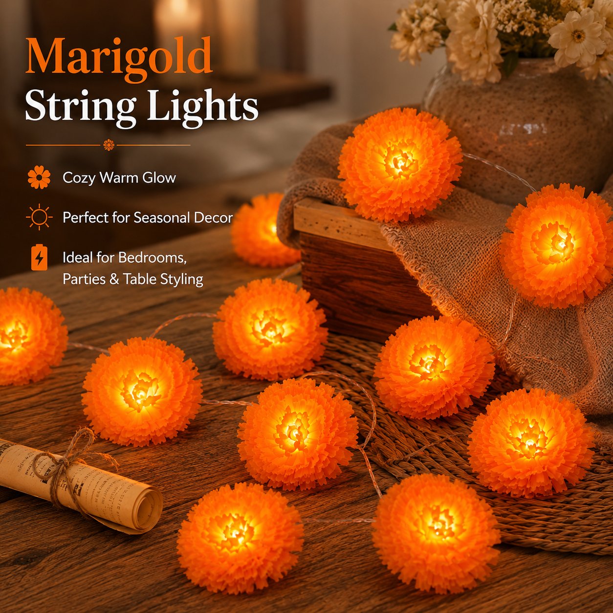 🎃 40% OFF Today 🌼 Orange Marigold LED String Lights – Light Up Your Halloween with a Warm Floral Glow ✨