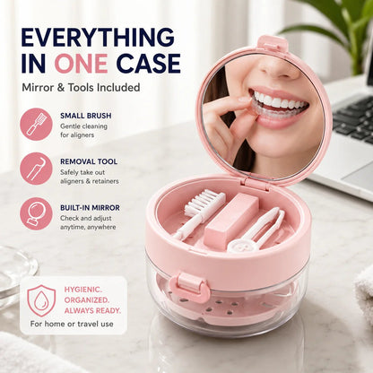 🦷 All-in-One Retainer Cleaning Case with Mirror Brush & Soaking Tray