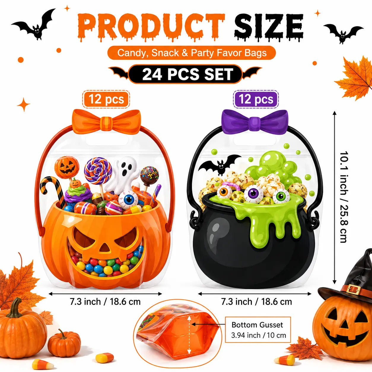🎃 50% OFF 60 PCS Halloween Goodie Bags Set 🧡 Pumpkin & Cauldron Treat Bags for Trick or Treat Candy Party Favors