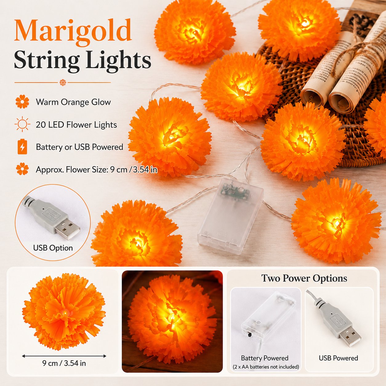 🎃 40% OFF Today 🌼 Orange Marigold LED String Lights – Light Up Your Halloween with a Warm Floral Glow ✨