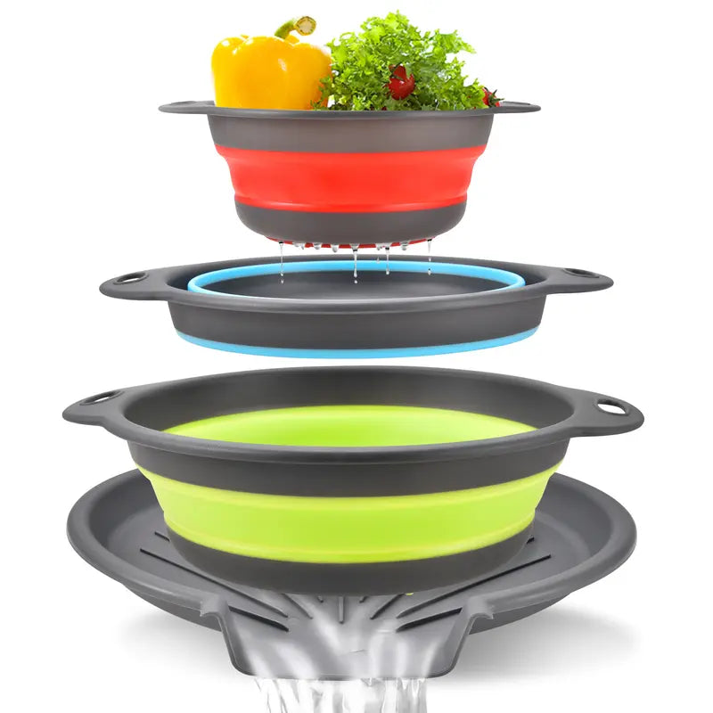 ⚡ 50% OFF 3-Piece Collapsible Colanders with Drainage Base 💧 Rinse, Drain & Store With Ease