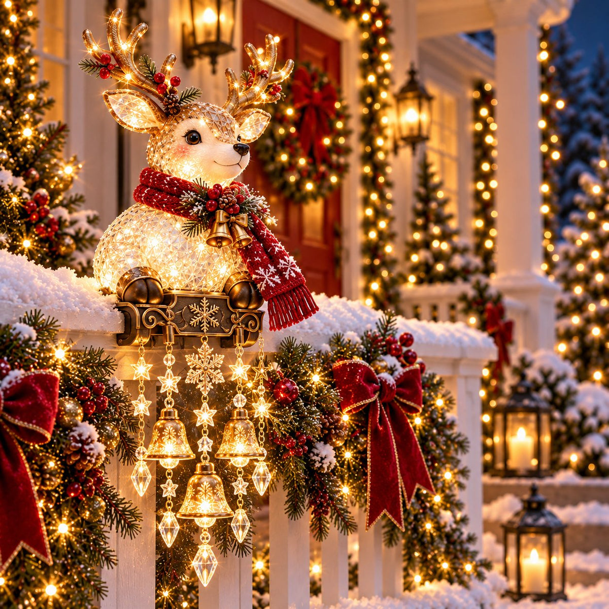 ✨ Lighted Christmas Porch Railing Hanging Characters with Cascading LED Ornaments 🎄