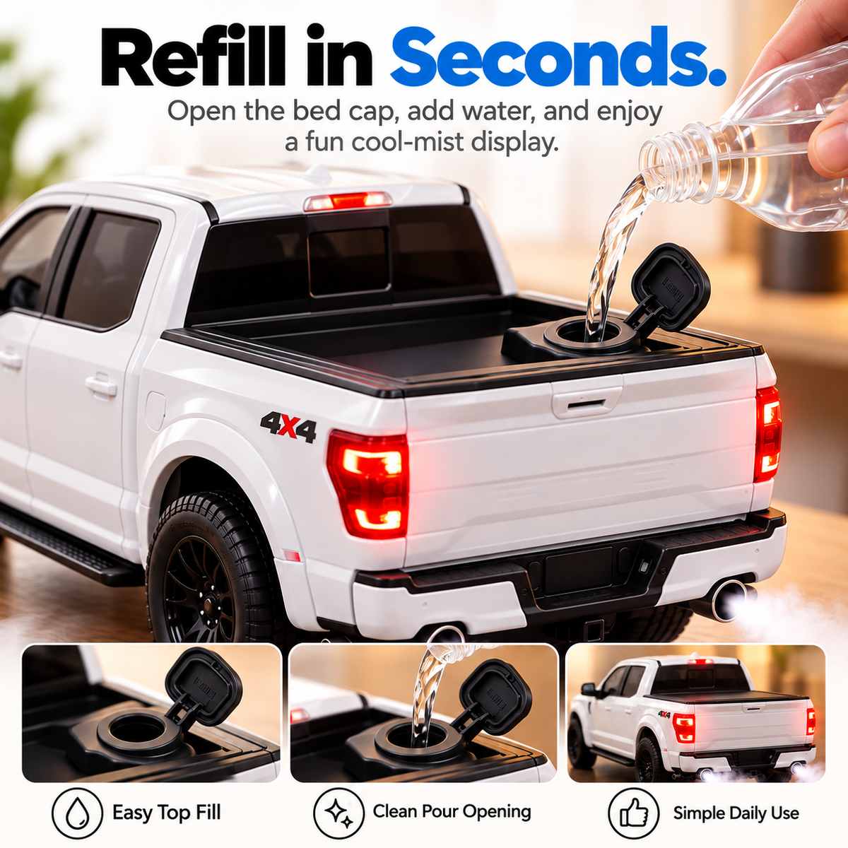 🛻💨 4x4 Pickup Truck Humidifier 🚘✨ Realistic Dual Exhaust Mist 🌫️💡 LED Light-Up Truck Model 🎮🎁 Cool Gift for Truck Lovers