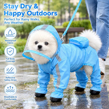 🐶Waterproof 4-Leg Dog Raincoat with Hood & Attached Boots