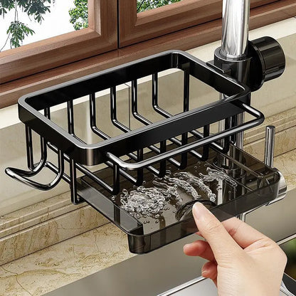 🧽 Faucet-Mounted Kitchen Sink Organizer Rack with Drain Tray & Hanging Hook 💧