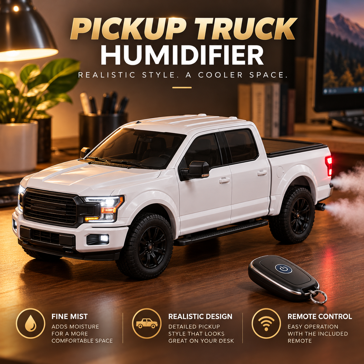 🛻💨 4x4 Pickup Truck Humidifier 🚘✨ Realistic Dual Exhaust Mist 🌫️💡 LED Light-Up Truck Model 🎮🎁 Cool Gift for Truck Lovers