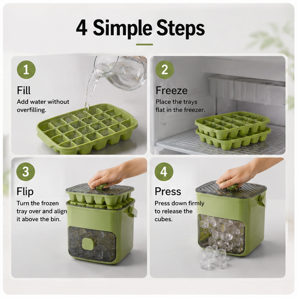 🧊 Press-Release Ice Cube Tray with Built-In Storage Bin