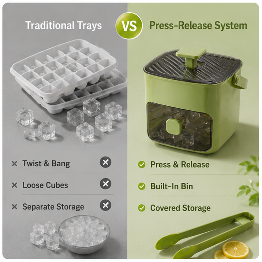 🧊 Press-Release Ice Cube Tray with Built-In Storage Bin