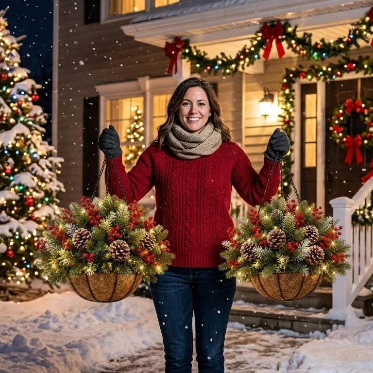 🎄 Last Day 50% OFF 🏆 Pre-Lit Christmas Hanging Basket | Pre-lit, weather-resistant, and zero maintenance🏆