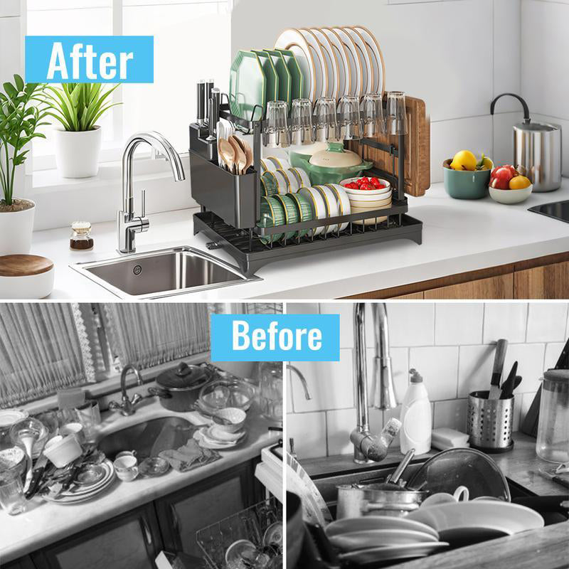 🍽️ 55% OFF 2-Tier Dish Drying Rack with Drainboard – More Space, Less Counter Clutter