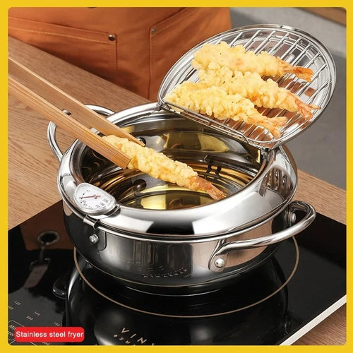 🍤 304 Stainless Steel Japanese Tempura Fryer Pot – Mini Deep Frying Pan with Thermometer & Oil Drain Rack