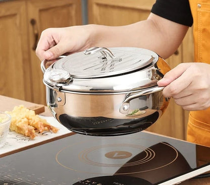 🍤 304 Stainless Steel Japanese Tempura Fryer Pot – Mini Deep Frying Pan with Thermometer & Oil Drain Rack