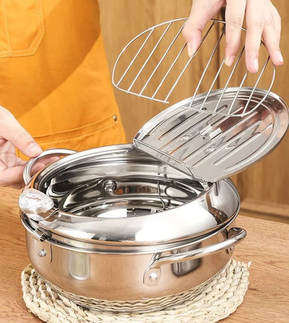 🍤 304 Stainless Steel Japanese Tempura Fryer Pot – Mini Deep Frying Pan with Thermometer & Oil Drain Rack