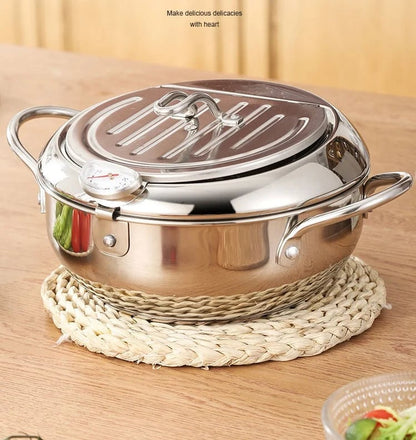 🍤 304 Stainless Steel Japanese Tempura Fryer Pot – Mini Deep Frying Pan with Thermometer & Oil Drain Rack