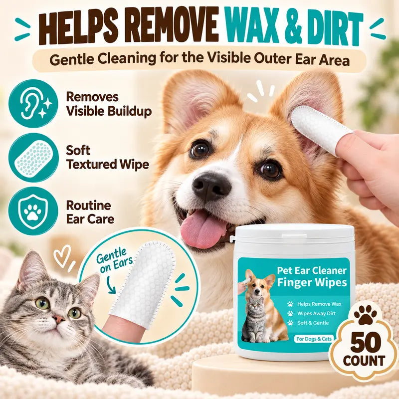 🐾 Gentle Pet Ear Cleaning Finger Wipes - Safe for Dogs & Cats (50 Wipes)