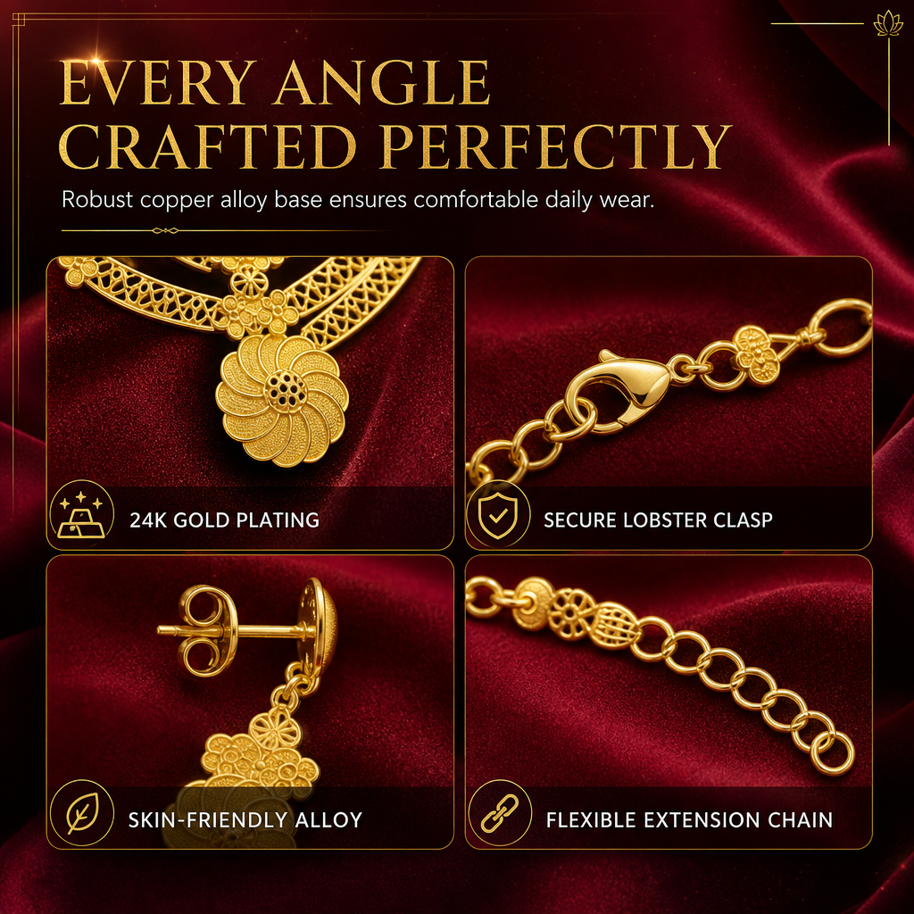 👑✨24K Gold Plated Royal Golden Bridal Jewelry Collection – Elegant Necklace, Earrings, Bracelet & Ring Set