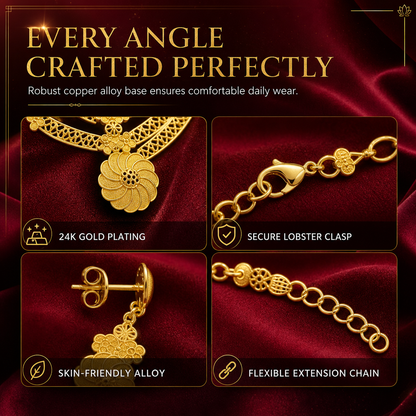 👑✨24K Gold Plated Royal Golden Bridal Jewelry Collection – Elegant Necklace, Earrings, Bracelet & Ring Set
